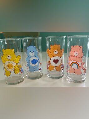 Care Bears 4 Piece Glass Set — Yellow, Blue, Orange, Pink Bears Pizza Hut